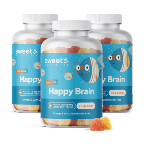 3x Happy Brain – gumiji za otroke z omega-3 maščobnimi kislinami, skupaj 270 gumi bonbonov